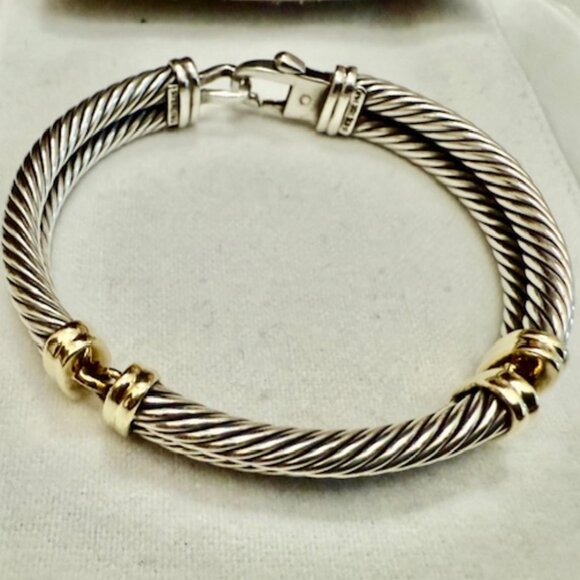 David Yurman RARE Metro DoubleCable18k YGold,14K WGold & SSilver Bracelet-1990's - Picture 1 of 15